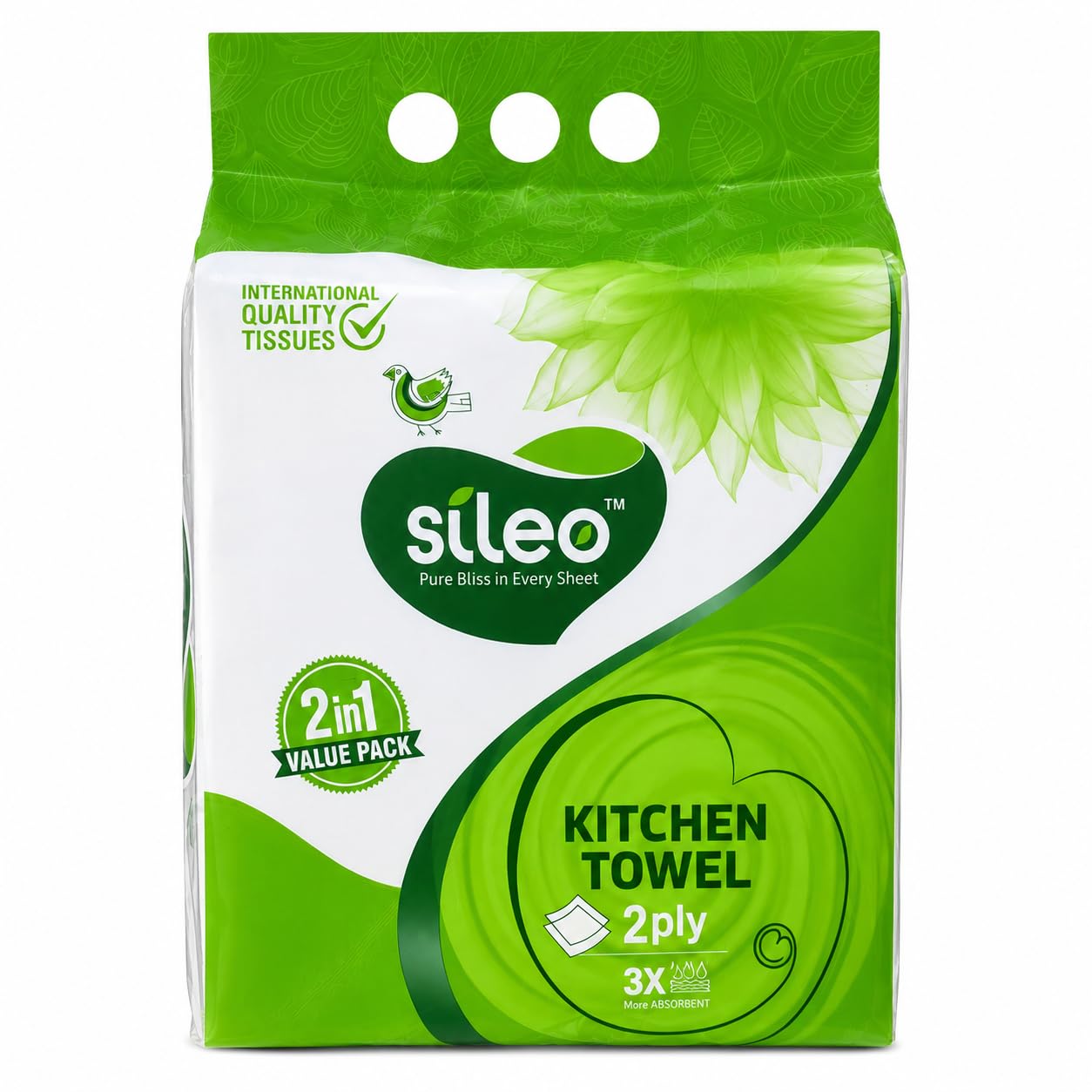 Sileo 2 Ply 2 in 1 Kitchen Tissue Paper Roll | Tough, Super Absorbent & Food Safe Tissues for Spotless Cleaning | Ideal for Multi Purpose Use (80 Pulls Per Roll, 160 Sheets)