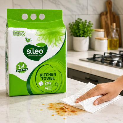 Sileo 2 Ply 2 in 1 Kitchen Tissue Paper Roll | Tough, Super Absorbent & Food Safe Tissues for Spotless Cleaning | Ideal for Multi Purpose Use (80 Pulls Per Roll, 160 Sheets)