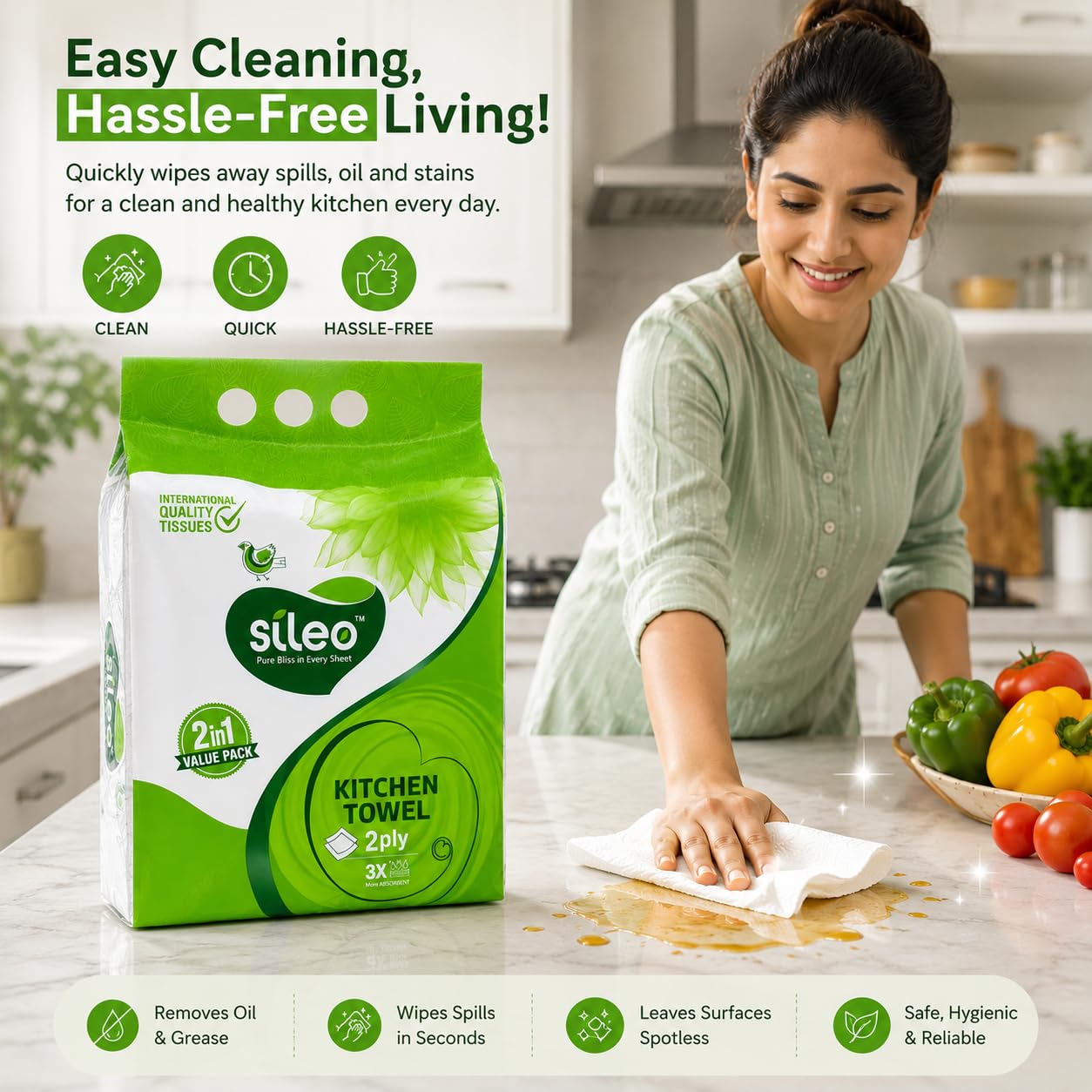 Sileo 2 Ply 2 in 1 Kitchen Tissue Paper Roll | Tough, Super Absorbent & Food Safe Tissues for Spotless Cleaning | Ideal for Multi Purpose Use (80 Pulls Per Roll, 160 Sheets)