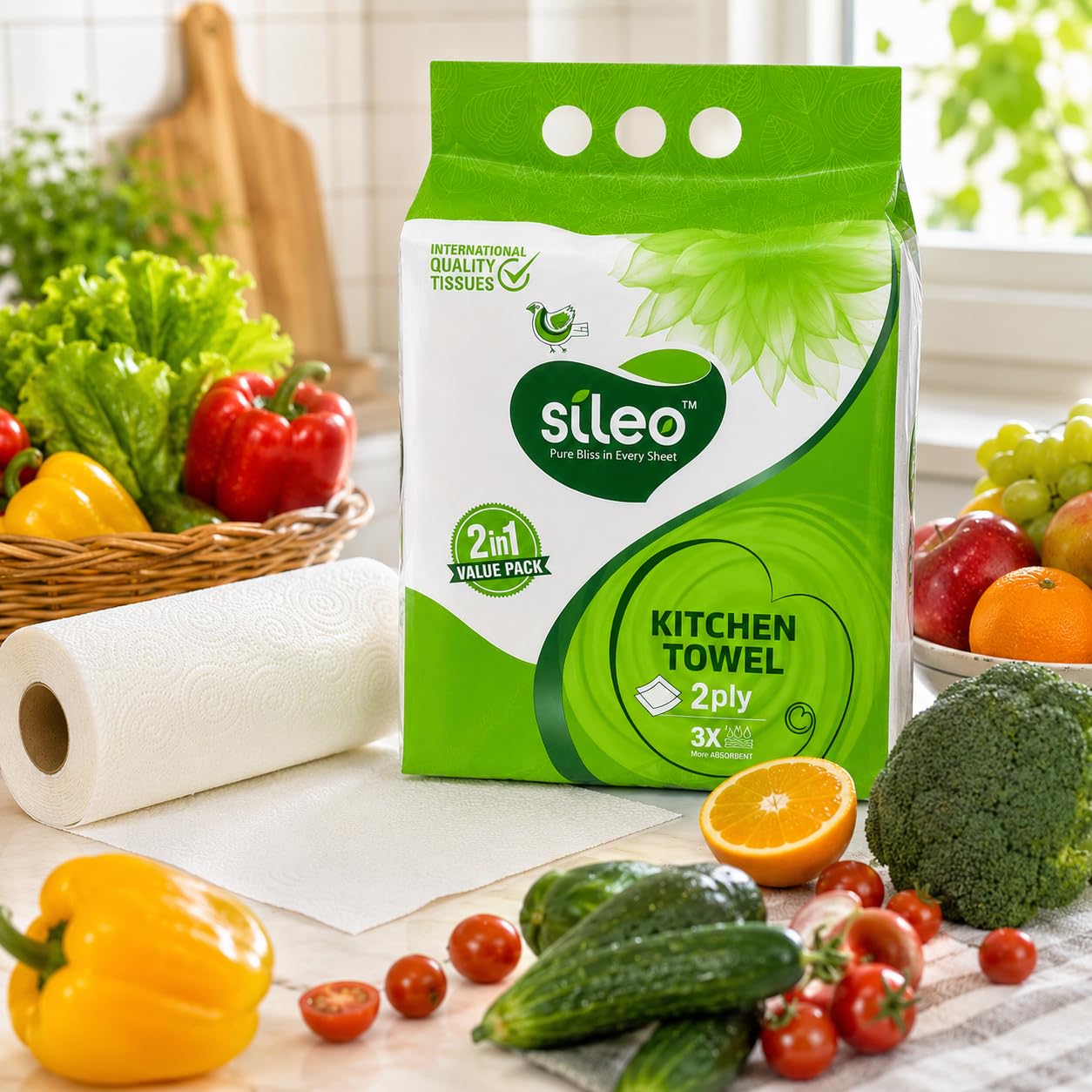 Sileo 2 Ply 2 in 1 Kitchen Tissue Paper Roll | Tough, Super Absorbent & Food Safe Tissues for Spotless Cleaning | Ideal for Multi Purpose Use (80 Pulls Per Roll, 160 Sheets)